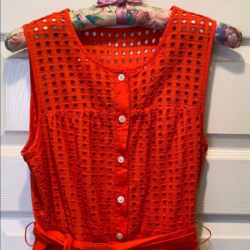 J Crew Eyelet Sleeveless Coral Belted Dress